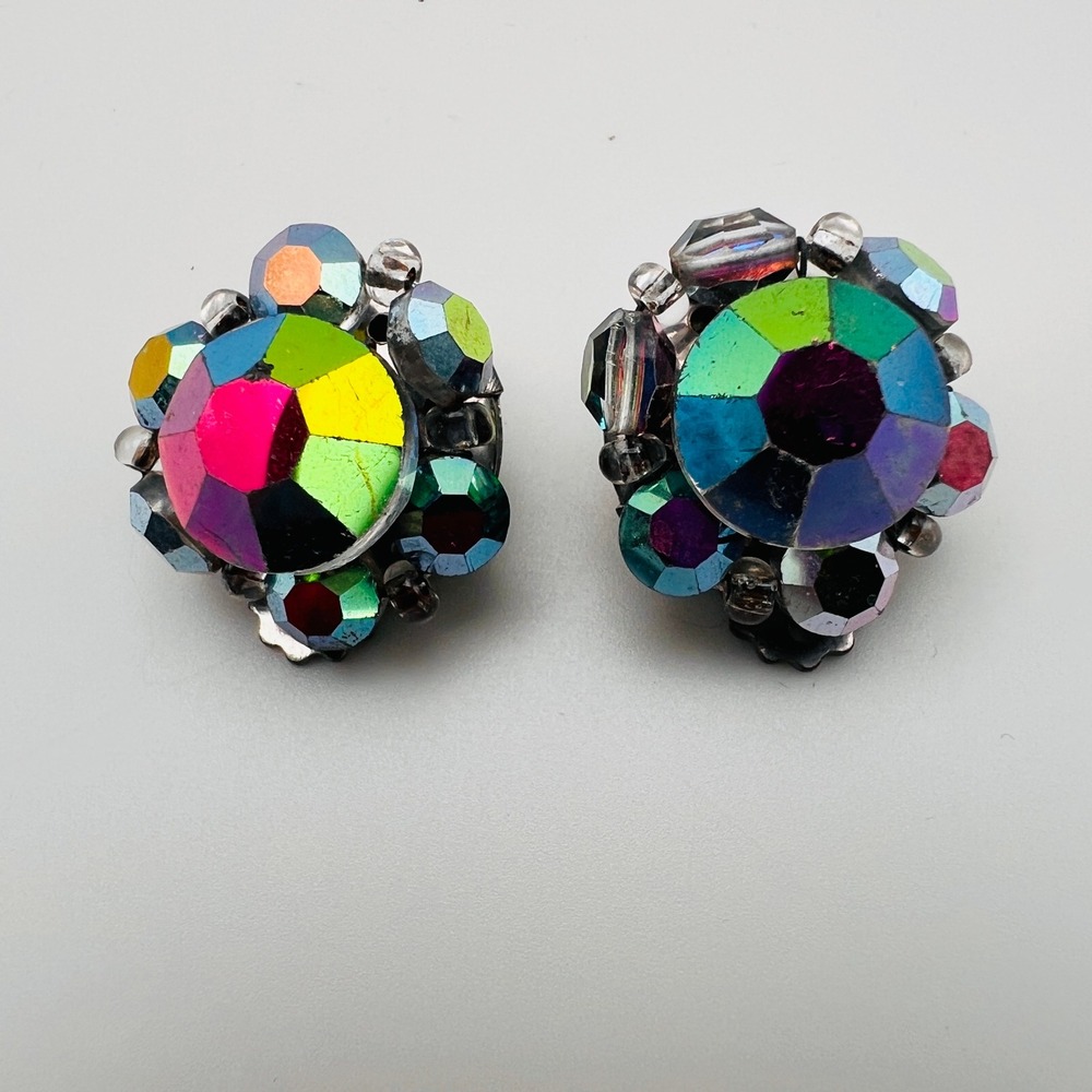 Vintage Aurora Borealis AB Clip On Earrings Iridescent Rhinestone Cluster
